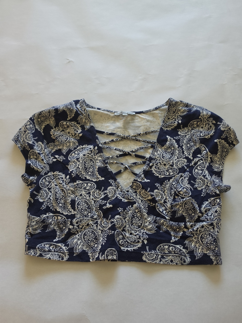 Charlotte Russe Navy Paisley Lace-Up V-Neck Crop Top